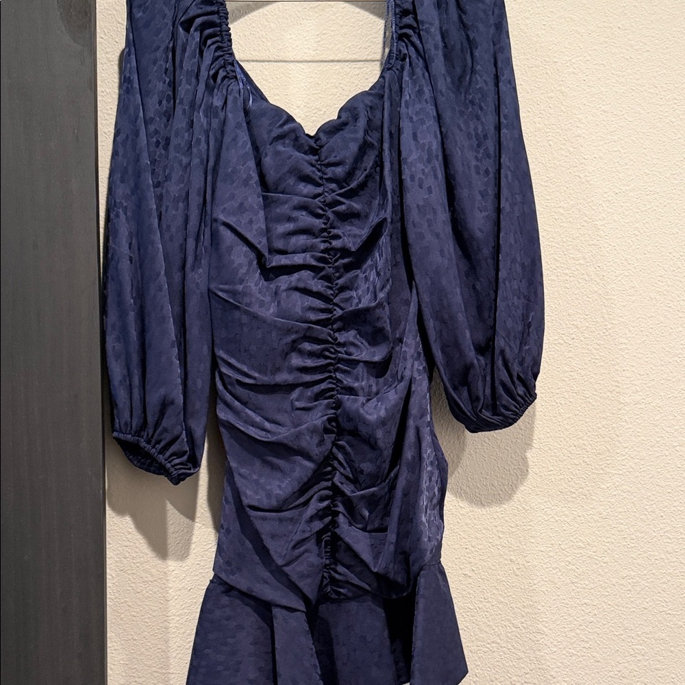 ASTR Navy Blue Sweetheart Ruffle Ruched Front Flattering Mini Dress - Picture 4 of 5